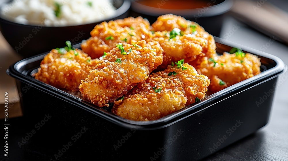 Delicious crispy fried chicken with herbs and rice on a dark surface. Delicious crispy fried chicken with herbs and rice on a dark surface.