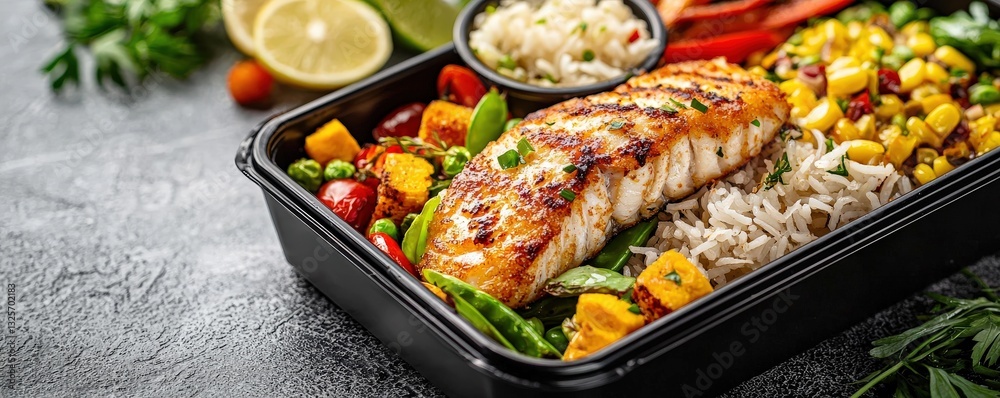 Delicious grilled salmon with vibrant vegetables and rice. Delicious grilled salmon with vibrant vegetables and rice.