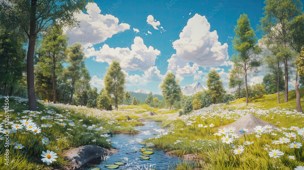 A Whimsical Forest Scene with a Bright Blue Sky and Puffy White Clouds for Dreamy Landscapes A Whimsical Forest Scene with a Bright Blue Sky and Puffy White Clouds for Dreamy Landscapes