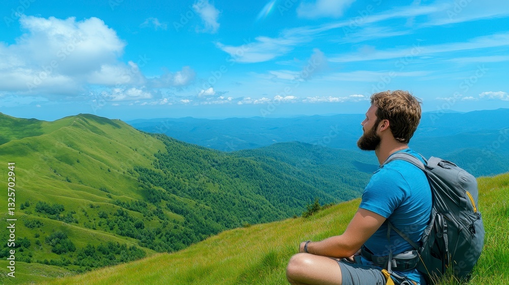 Man Meditating on Green Mountain with Scenic Cloudy Sky View Man Meditating on Green Mountain with Scenic Cloudy Sky View