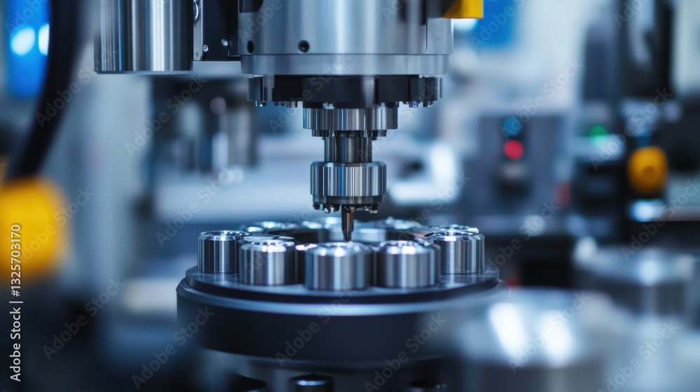 Precision machining process with advanced CNC milling machine creating intricate metal parts in a modern industrial workshop setting Precision machining process with advanced CNC milling machine creating intricate metal parts in a modern industrial workshop setting