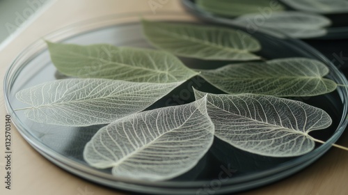 Pressed leaves, petri dish, laboratory, natural veins