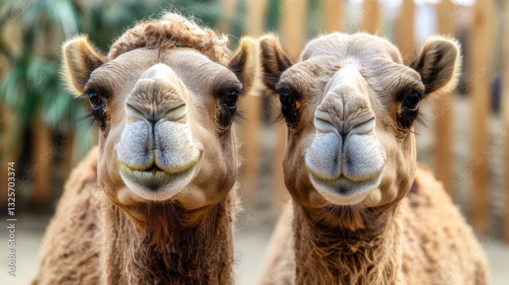 Obraz premium Two camels zoo enclosure portrait, smiling
