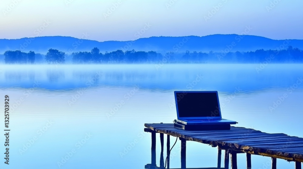 Laptop on dock overlooking misty lake and mountains at sunrise Laptop on dock overlooking misty lake and mountains at sunrise