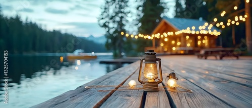 Evening lantern glow lakeside cabin retreat photography tranquil environment low angle view cozy atmosphere