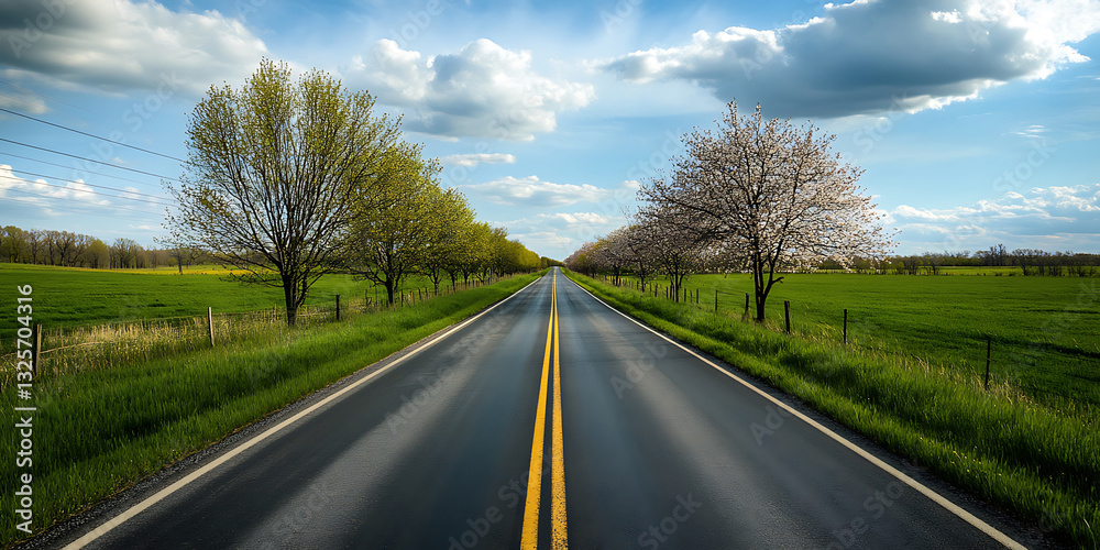 Fototapeta premium A long, straight asphalt road stretches toward the horizon flanked by lush green fields and blooming spring trees.