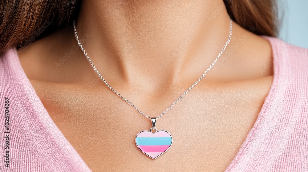 Heart Pendant Necklace with Pink and Blue Stripes on Woman's Neck Heart Pendant Necklace with Pink and Blue Stripes on Woman's Neck