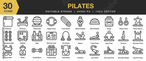 Pilates icon set. Editable Stroke Icon Collection. Includes pilates, fitness, training, workout, gym, yoga, body, and More. Outline icons vector collection.