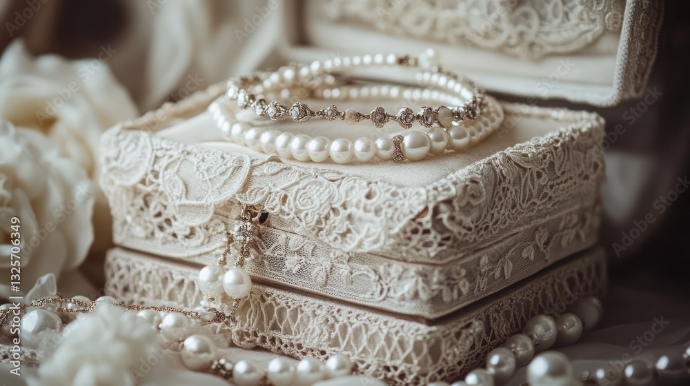 Obraz premium Elegant Pearl Jewelry in a Lace-Adorned Box