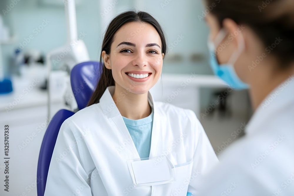 Fototapeta premium A woman in a white lab coat is smiling at the camera