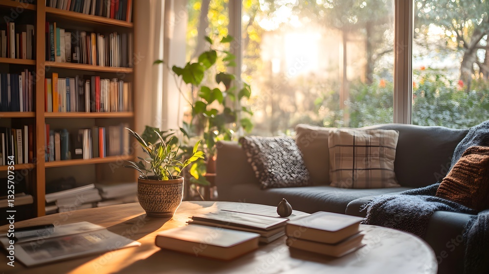 Fototapeta premium Homely reading corner, Tech-Free Lifestyle Moment in a Cozy Living Room with Natural Lighting and Books on the Table, hygge-inspired home concept.