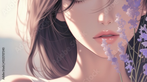 Close-up, anime girl, 2D, modern fashion, accessories, minimalist style, sleek, elegant, soft pastel tones, clean design, space for text, branding, marketing, digital content.