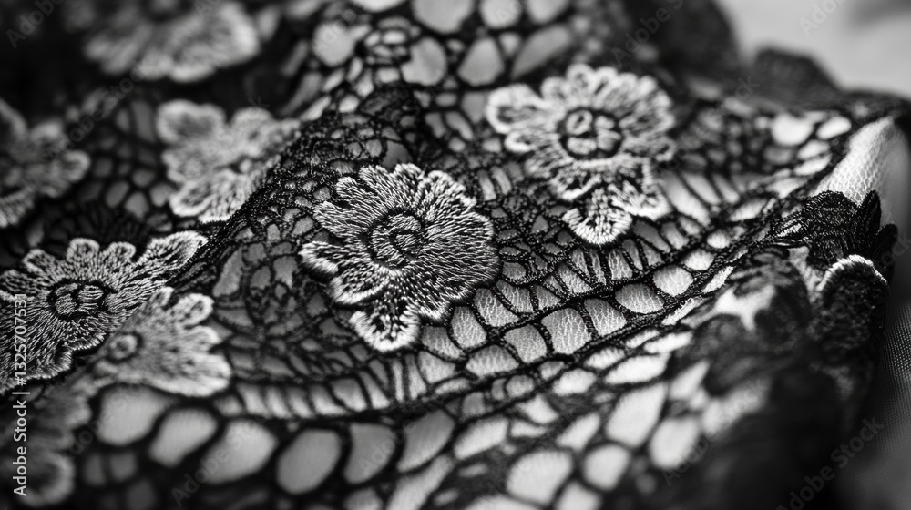 Obraz premium Elegant Detailed Black Lace Fabric with Floral Embroidery for Fashion and Textile Design Applications
