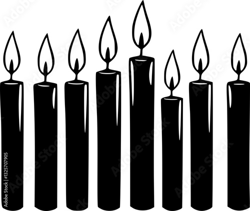 Monochrome black and white illustration of birthday celebration candles with decorative flames and smoke in a minimalist style for greeting cards invitations and party decorations