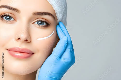 A woman with a blue glove on her left hand is smiling at the camera