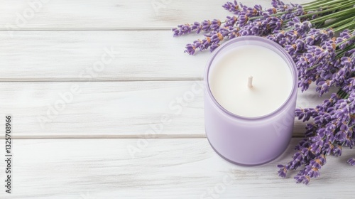 Lavender scented candle on a white wooden background. A relaxing and calming image.