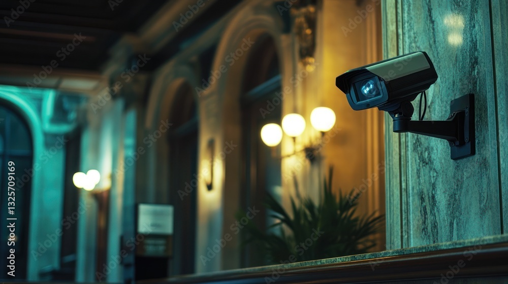 Security camera in a historic hotel lobby at night Security camera in a historic hotel lobby at night