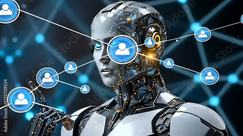 Futuristic humanoid robot interacting with digital network connections in a tech-inspired environment