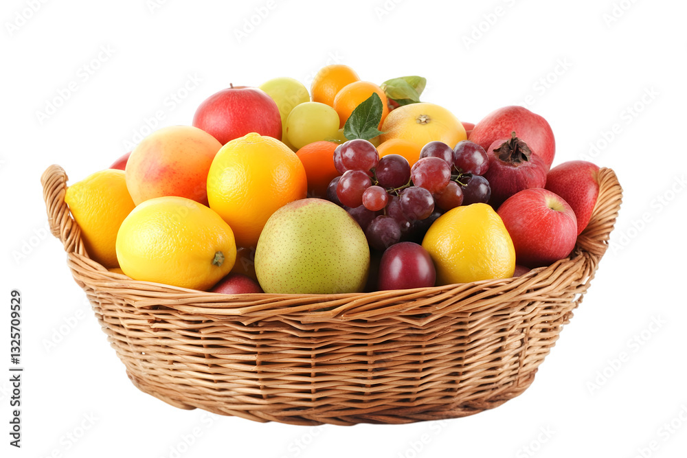 Assorted Fresh Fruits in Woven Basket with Apples Lemons and Grapes on Transparent Background Assorted Fresh Fruits in Woven Basket with Apples Lemons and Grapes on Transparent Background