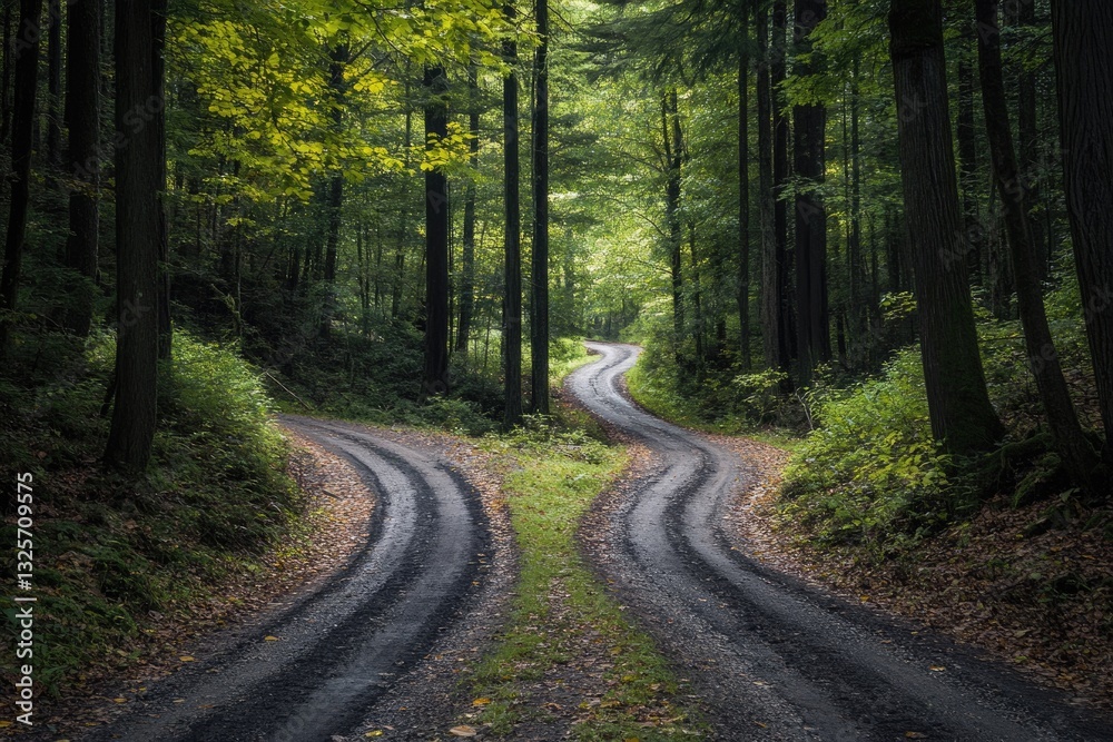 Diverging Paths: A Scenic Fork Road Through Lush Forest, Inviting Choices and Adventures Diverging Paths: A Scenic Fork Road Through Lush Forest, Inviting Choices and Adventures