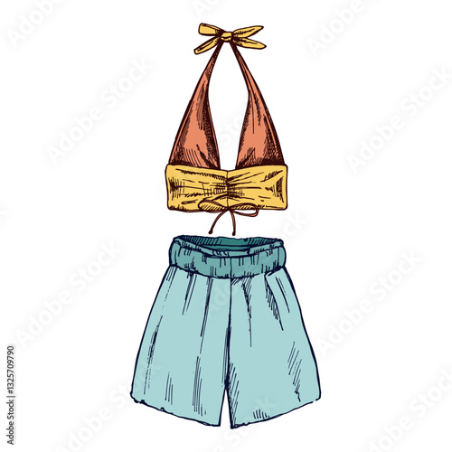 Hand drawn colored sketch of summer outfit set with halter top and wide-leg shorts in vintage style