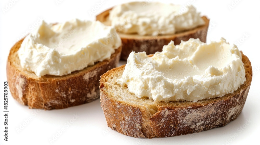 Three slices of bread topped with a creamy white spread Three slices of bread topped with a creamy white spread