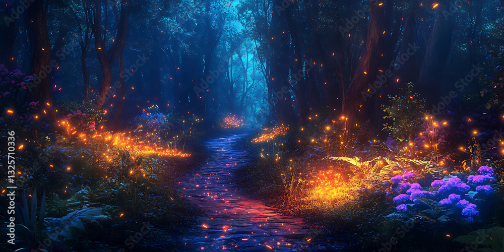Fototapeta premium Enchanted forest path glows with warm firefly lights along a winding stream under a deep blue canopy.