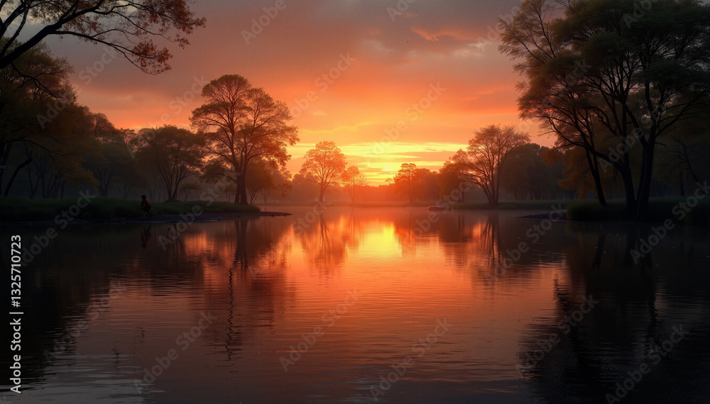 Peaceful sunset over a calm lake with reflecting trees and warm colors Peaceful sunset over a calm lake with reflecting trees and warm colors
