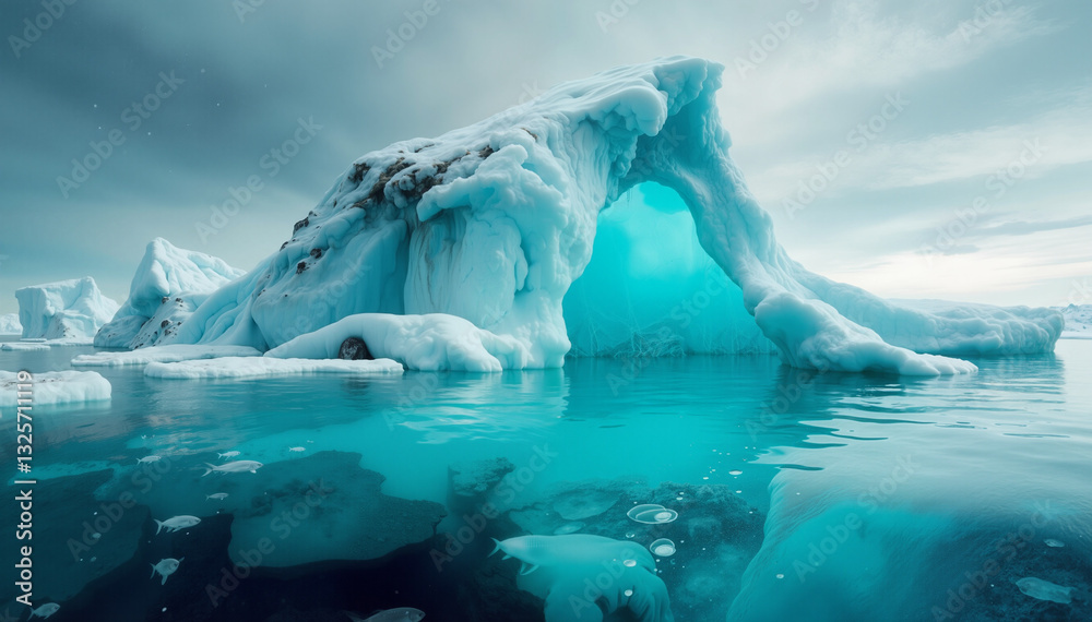 Obraz premium Majestic ice arch emerging from turquoise waters in a tranquil polar landscape