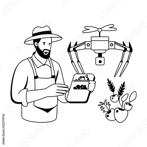 A glyph illustration of a farmer using drone for smart farming 
