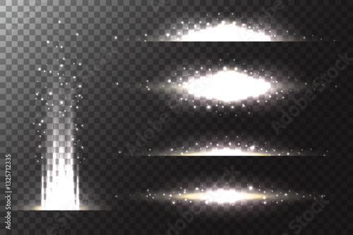 Light flare effect of glowing stars. Lines of bright flash and glitter. Golden sparkles beams on transparent background. Sunburst glare. Abstract shiny explosion.