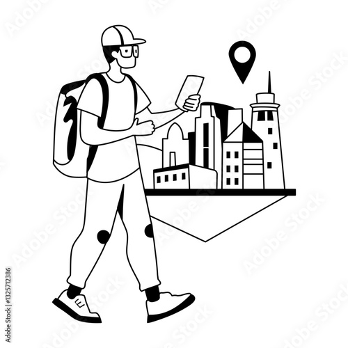 A glyph illustration of a character using navigation app to reach its destination

