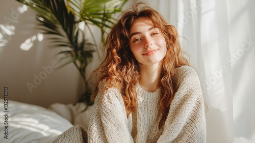 Cozy woman with curly hair smiling in bright room with plants