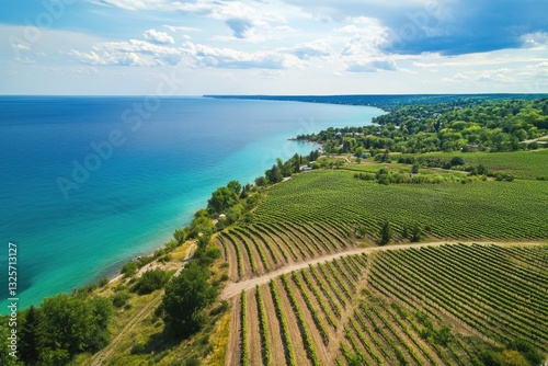 Aerial View of Traverse City, Michigan: Summer Bliss Over Lake Michigan's Wine Country and Cherry Trees photo