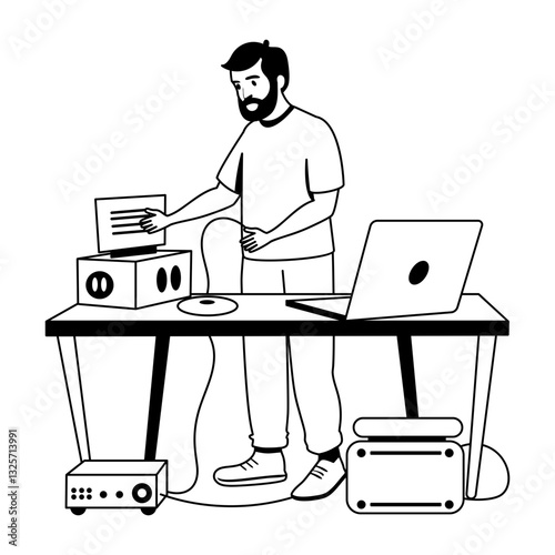 A man install his desk setup, glyph style illustration

