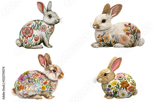 Whimsical floral rabbits art gallery illustration colorful creative nature-inspired concept photo