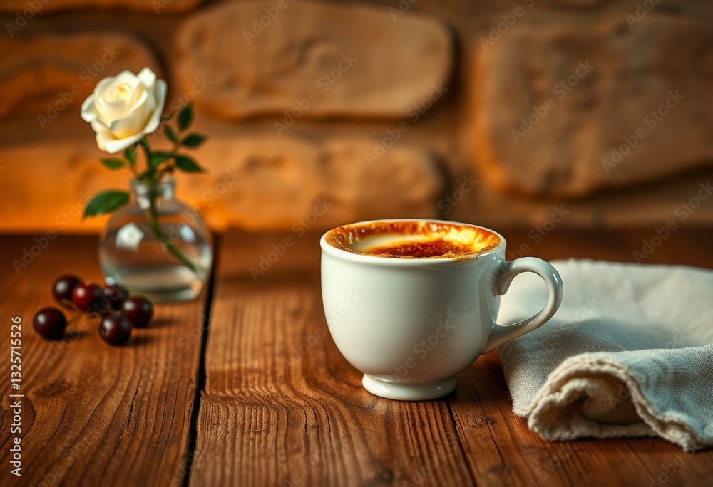 Obraz premium Delicious CrÃ¨me BrÃ»lÃ©e on rustic wooden table