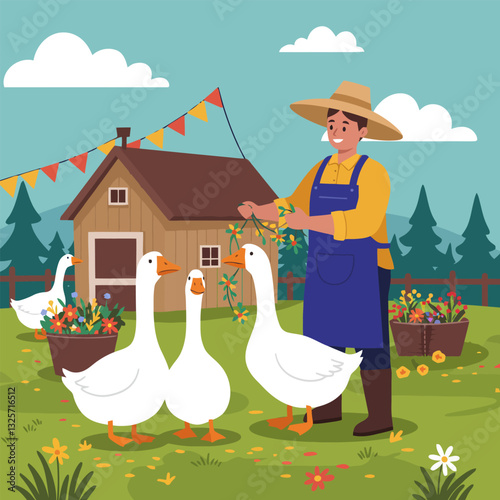 Gardener with Geese in Yard Holding Flower Garland Illustration