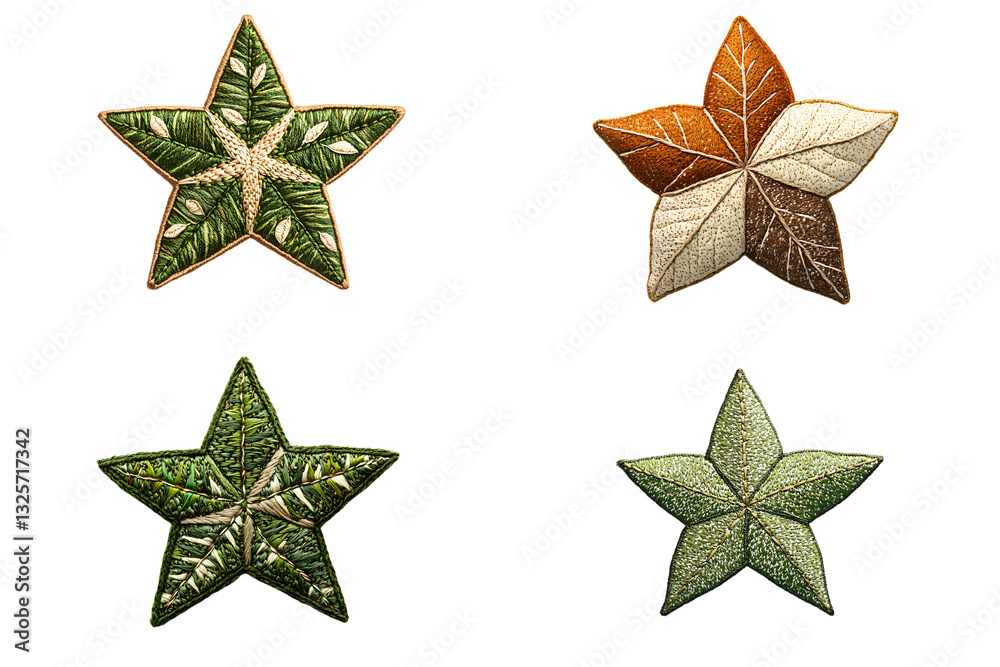 Obraz premium Decorative leaf-shaped embroidered patches textile art nature-inspired design studio setting close-up view