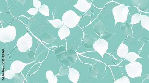 Elegant seamless pattern with hand-drawn vines and leaves in light teal and white outlines on an aqua background. Perfect for wallpaper, fabric prints, and spring-themed decorative designs.