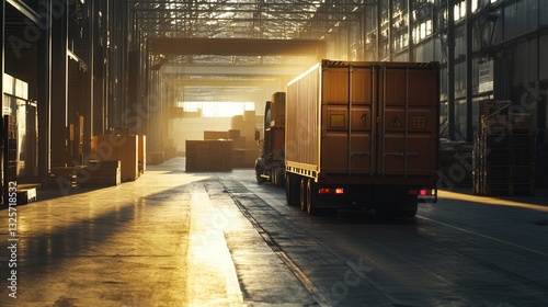 Trucks transporting cargo in an industrial warehouse during golden hour with sunlight streaming through the roof
