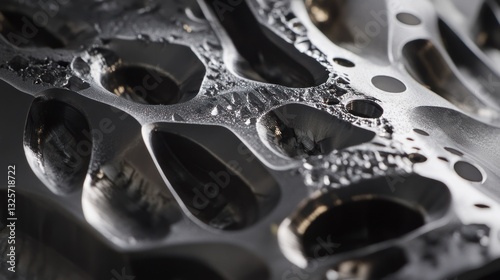 Close-up view of intricate metallic surface, complex design, dark background