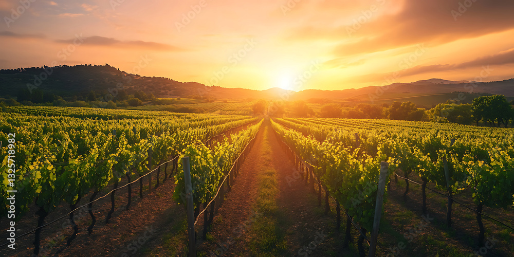 Fototapeta premium Picturesque Vineyard Bathed in Golden Sunset Light for a Romantic and Rustic Ambience