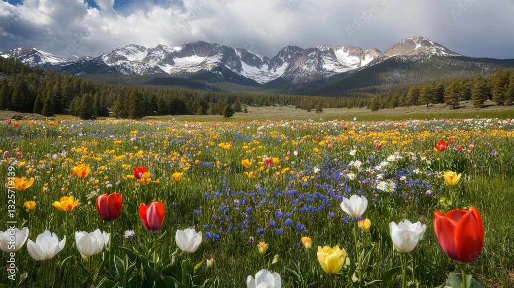 Fototapeta premium Panoramic view of the Rocky Mountains with colorful wildflowers in a lush meadow. Dense forests and snow-capped peaks under an overcast sky create a breathtaking spring landscape.