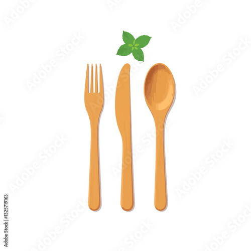 Natural bamboo cutlery with mint on white background, eco-friendly dining