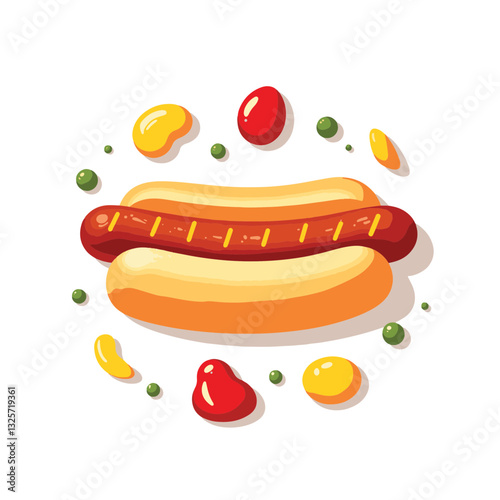 Colorful hot dog with ketchup and mustard on white background, food art