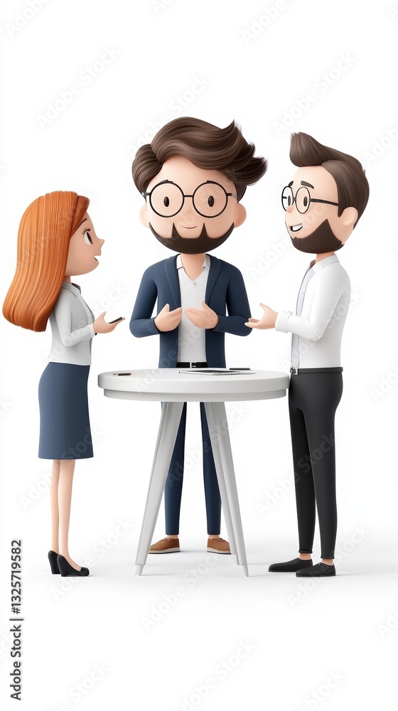 Fototapeta premium Three cartoon characters engaged in a discussion around a table, representing teamwork and collaboration in a professional setting.