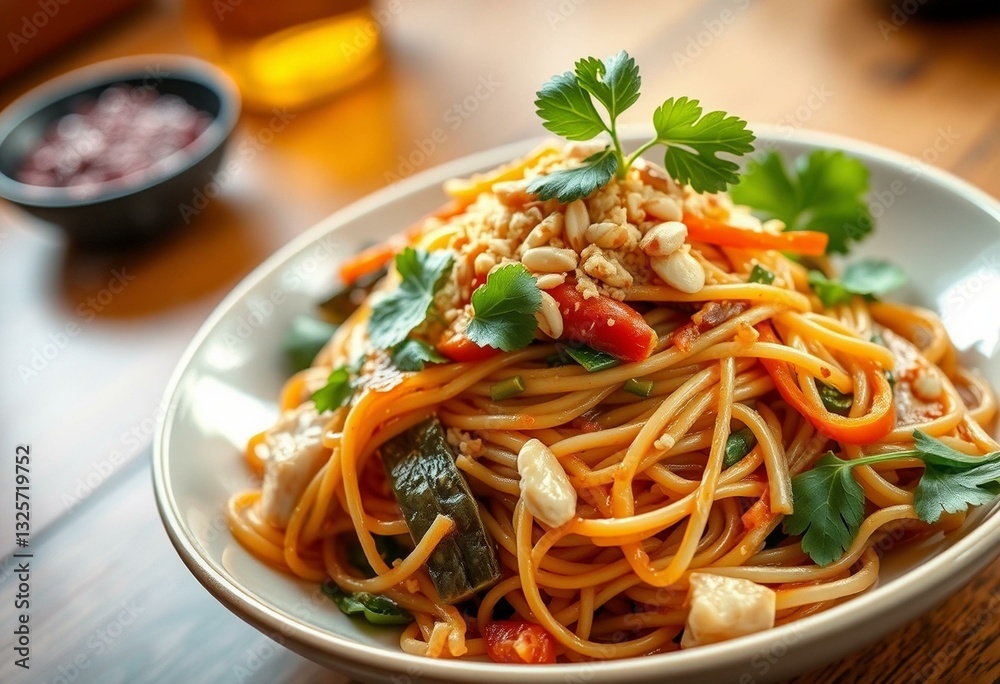 Stir-fried noodles, vegetables, and protein in a savory sauce, garnished with fresh herbs and peanuts Stir-fried noodles, vegetables, and protein in a savory sauce, garnished with fresh herbs and peanuts