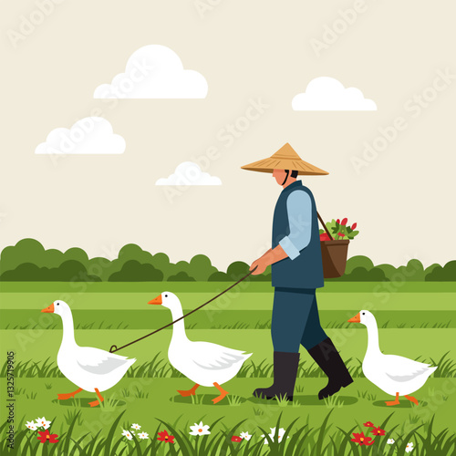 Farmer Walking Geese on Farm Meadow with Basket of Harvest