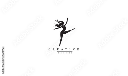 Dance logo. Dance studio black logo design. Fitness class banner background with symbol of abstract stylized gymnast girl in dancing pose. white background